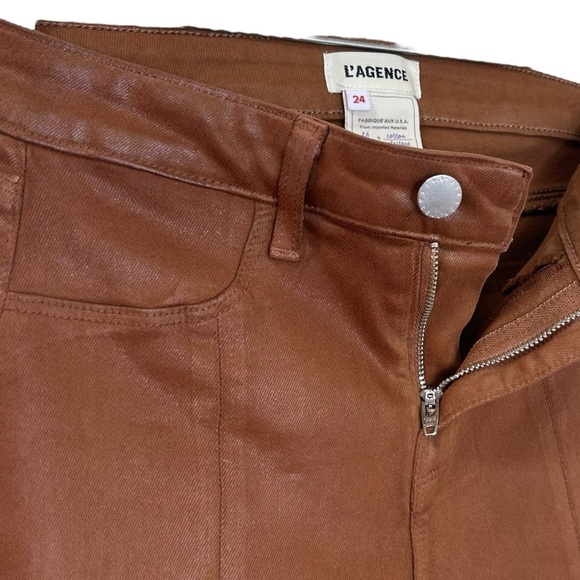 Agolde “Jyothi” Coated Cognac, High Waist, Split Ankle Skinny Jeans, Size 24 Tan - Picture 12 of 15